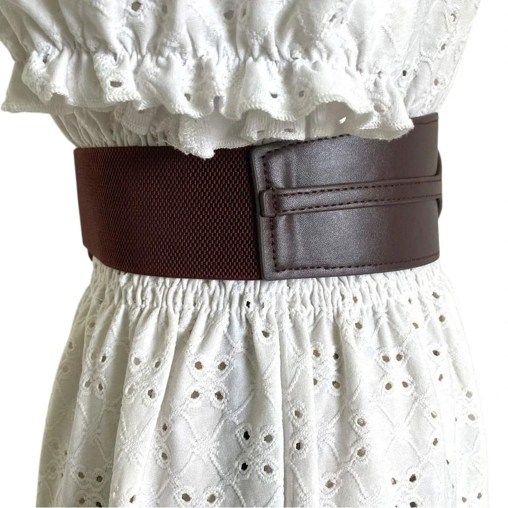 Western Brown Faux Leather Corset Boho Wide Waist Belt Elastic Stretch Classic